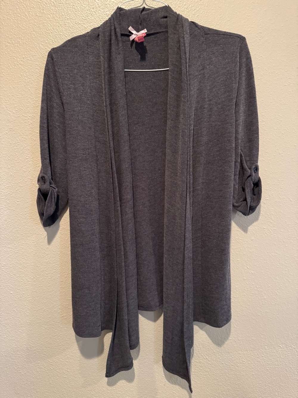 Derek Heart Charcoal Open-Front Cardigan with Roll-Tab Sleeves
